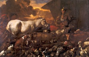 Eläinten sisäänpääsy Nooan arkista tekijältä Giovanni Benedetto Castiglione